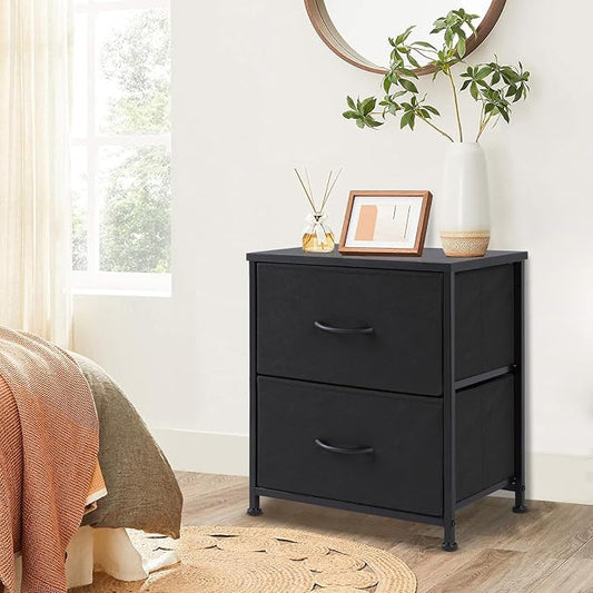 DUMOS Nightstand Set of 2, Small Dresser with 2 Fabric Drawers Side Bedroom End Table Kids Bedside Storage Furniture for 25 inch Tall Night Stand for Closet, Entryway, College Dorm, Ink