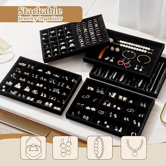 Large Velvet Jewelry Tray 2 Pack Stackable Jewelry Display Drawer Inserts Trays Organizer for Earring Bracelet Necklace Ring (Black, 35 Grids)