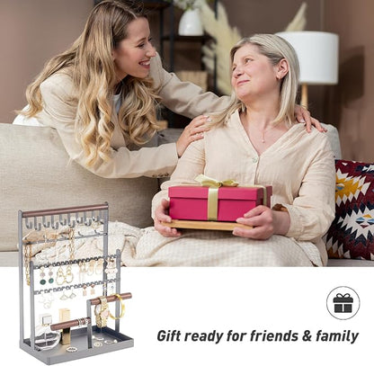 ProCase Jewelry Organizer Stand Necklace Organizer Earring Holder, 6 Tier Jewelry Stand Necklace Holder with 15 Hooks, Jewelry Tower Display Rack Storage Tree for Bracelets Earrings Rings -Grey