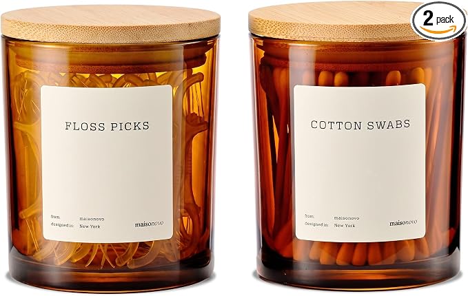 Maisonovo Glass Bathroom Containers with Lids (Airtight) - Qtip Holder - Apothecary Jars for Cotton Rounds, Swabs, Balls - Amber Bamboo Q Tip Dispenser - 2 pc Bathroom Canisters Set for Organization