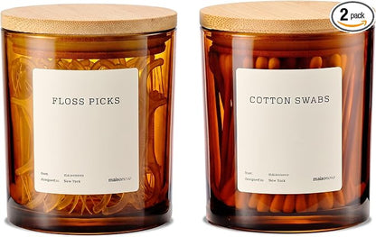 Maisonovo Glass Bathroom Containers with Lids (Airtight) - Qtip Holder - Apothecary Jars for Cotton Rounds, Swabs, Balls - Amber Bamboo Q Tip Dispenser - 2 pc Bathroom Canisters Set for Organization