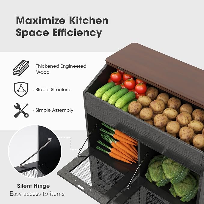 Patiorama Wood Potato and Onion Storage Bin Box, Large Vegetable Storage Box w/Lid,Wooden Bread Storage Bin w/4 Mesh Doors,Movable Bottom Drawer, Farmhouse Potato Storage Bins for Kitchen Pantry Black