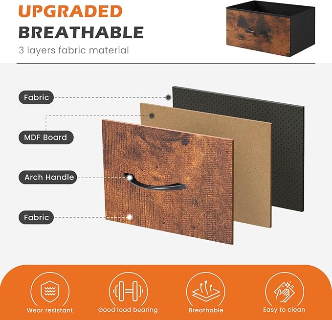 Sweetcrispy 4 Drawer Dresser Fabric Storage Tower with Wood Top, Brown | Sturdy steel frame, fabric drawers, easy-pull handles. Small space-saving organizer for bedroom, closet, entryway.
