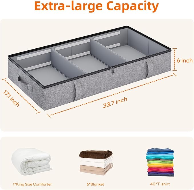 Vailando Storage Containers, 6 Inches Tall 60L Underbed Storage Bins Sturdy Handles & Reinforced Sidewalls, Closet Organizer for Clothes, Blankets, Seasonal Items, Linen Gray, 2-Pack