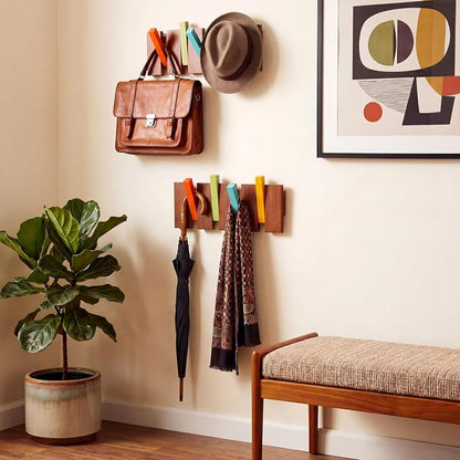 Youyole 2 Pcs 2 x 4 Hook Mid Century Modern Wooden Coat Hooks Wall Mounted Folding Coat Rack Hanger with 8 Hooks Heavy Duty Flip Down Piano Hat Rack for Hanging Coats Hats Home