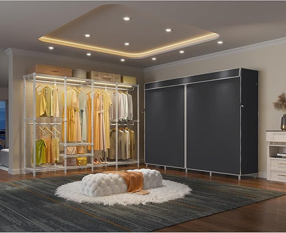 VIPEK V40LC Covered Clothes Rack with Dimmable LED Lights, Heavy Duty Garment Rack with Cover Portable Closet Wardrobe Clothing Racks for Hanging Clothes, White Closet Racks with Black Oxford Cover