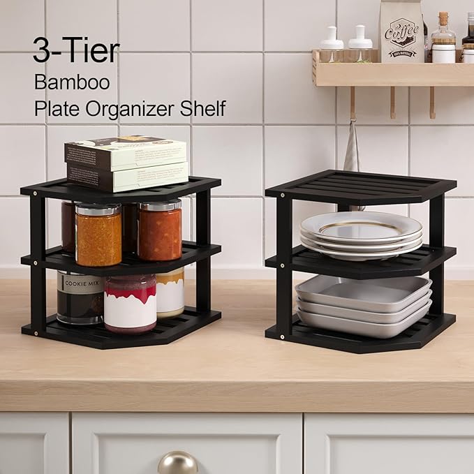 3 Tier Bamboo Corner Shelf(4 Pack),Dish Drying Rack,Plate Organizer,Kitchen Spice Rack for Countertop and Cabinet(Black)