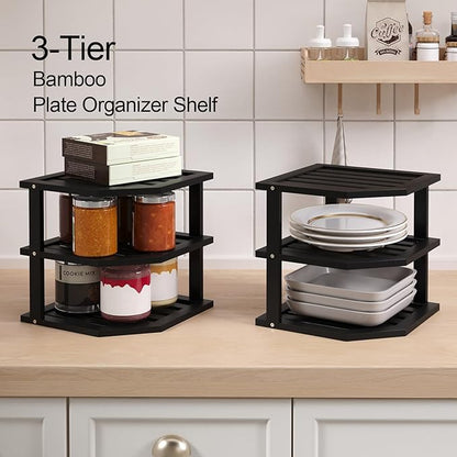 3 Tier Bamboo Corner Shelf(2 Pack),Dish Drying Rack,Plate Organizer,Kitchen Spice Rack for Countertop and Cabinet(Black)