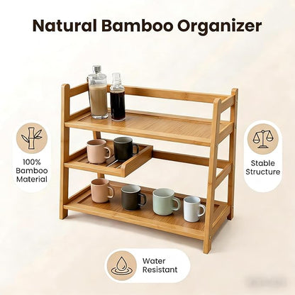3 Tier Bamboo Matcha Station, coffee station organizer Shelf for Kitchen Countertop, Tea Bar - Matcha Powder, Tools & Cup Organizer for Matcha Lovers, Home Baristas.