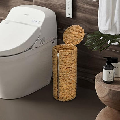 Stand Paper Storage with Lid Spare Extra 3 Rolls of Toilet Tissue Holder Free Standing Water Hyacinth Wciker Toilet Paper Organizer Basket for Bathroom