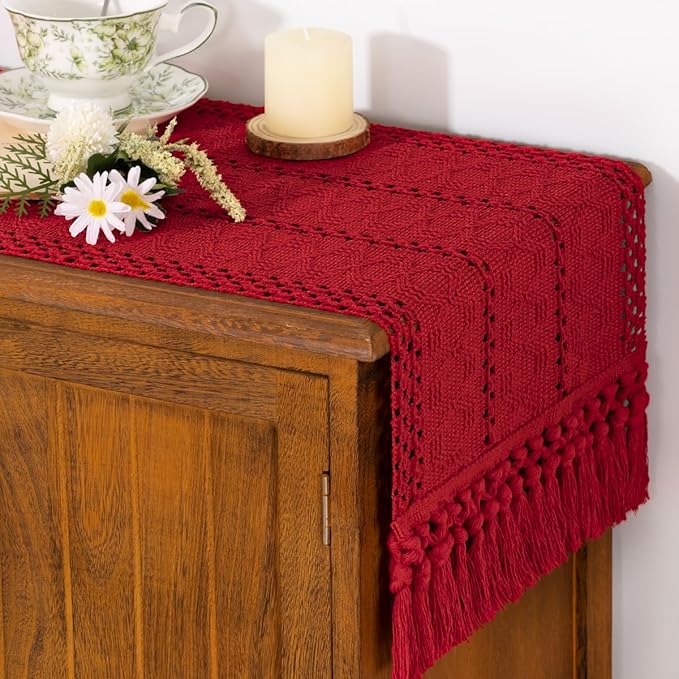 Socomi Boho Table Runner Valentine's Day Farmhouse Rustic Dining Kitchen Centerpiece Decor Small Macrame Woven Cotton Linen Coffee Table Runner for Dresser Scarf Home Decor 12x36 in Red