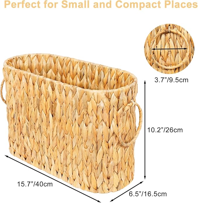 Large Toilet Paper Storage Basket, Wicker Toilet Paper Holder Basket for Bathroom, Natural Water Hyacinth Narrow Basket, Slim Toilet Paper Basket for 6 Mega Rolls, Magazines & Towels