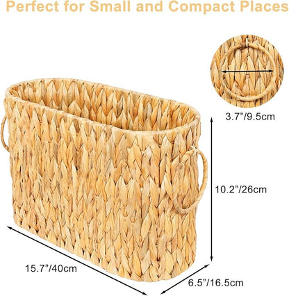 Large Toilet Paper Storage Basket, Wicker Toilet Paper Holder Basket for Bathroom, Natural Water Hyacinth Narrow Basket, Slim Toilet Paper Basket for 6 Mega Rolls, Magazines & Towels
