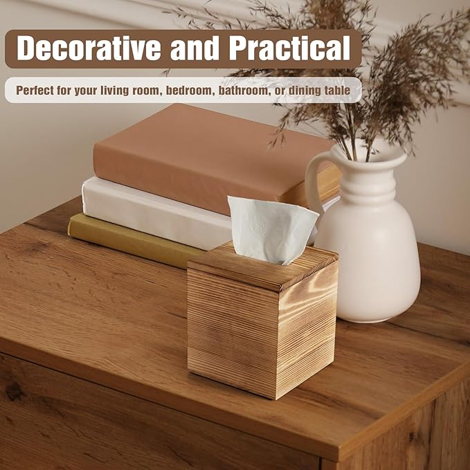 Dreamkey Square Burnt Wood Tissue Box Cover, Rustic Solid Wood Tissue Box Holder with Removable Top Lid for Bathroom, Bedroom, Living Room, Office, Brown