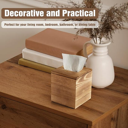 Dreamkey Square Burnt Wood Tissue Box Cover, Rustic Solid Wood Tissue Box Holder with Removable Top Lid for Bathroom, Bedroom, Living Room, Office, Brown