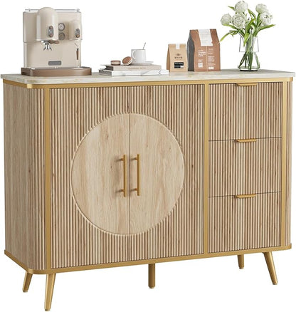 47.3" Modern Buffet Cabinet with Storage, Kitchen Sideboard Buffet with 2 Door & 3 Drawers, Fluted Caffee Bar Storage Cabinet for Dining Room, Living Room, Entryway, Natural Oak