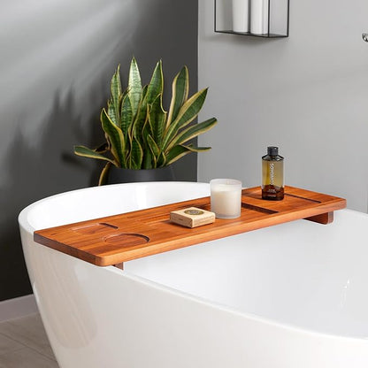 Teak Bathtub Tray for Freestanding Tubs - 29" Heavy-Duty Luxury Bath Caddy, Non-Slip Zero-Wobble Design, Water-Resistant Spa Organizer with Wine Glass & Phone Holder
