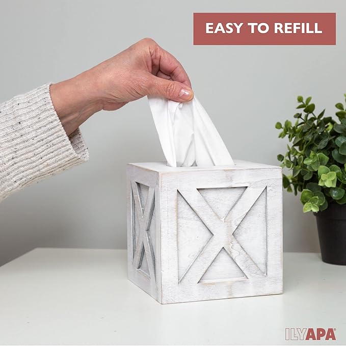 Ilyapa Wood Tissue Box Cover Farmhouse X Patterned- Rustic Farmhouse White Wood Tissue Holder
