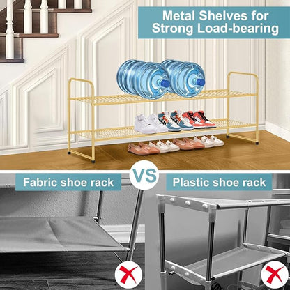 AOODA Long 2 Tier Shoe Rack for Closet Metal Wide Stackable Shoe Storage Organizer for Entryway, Bedroom, Floor, 18-Pairs Low Sneaker Shelf, Golden