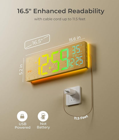 EASYERA 16.5" Large Digital Wall Clock with BT Sync, Wood Grain Clock with 11 RGB Light Scenes, Remote Control, Dual Alarms with Big LED Display, Auto DST, Temperature for Classroom Gaming
