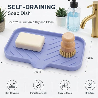 MicoYang Silicone Soap Dish with Drain Spout — Self-Draining Sink Organizer Tray for Bathroom & Kitchen, Sponges, Dispensers & Soap Holder, Non-Slip & Dishwasher Safe, Light Purple (Medium, 9.6"×5.3")