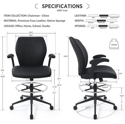 Ergonomic Adjustable Drafting Chair Extra Tall Office Stool for Standing Desk, Mid Back Faux Leather Counter Height Comfortable Bar High Roll Tilt Computer Chair with Flip Up Arms and Foot Ring, Black