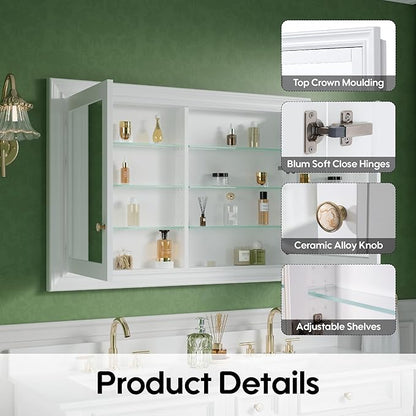 WELLFOR 48"x 32" Bathroom Medicine Cabinet with Dual Mirrors, Recessed Wood Medicine Cabinet with 6-Tier Adjustable Glass Shelves and Soft-Close Door