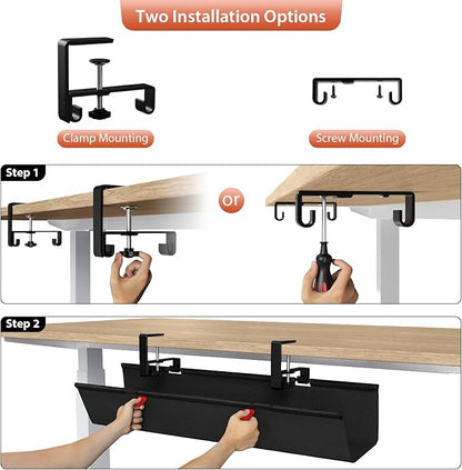 Univivi No Drill Under Desk Cable Management Tray, 28" Cord Organizer for Table, Clamp/Screw Mount Desk Cable Management, Premium Fabric Cable Management Tray for Office, Home