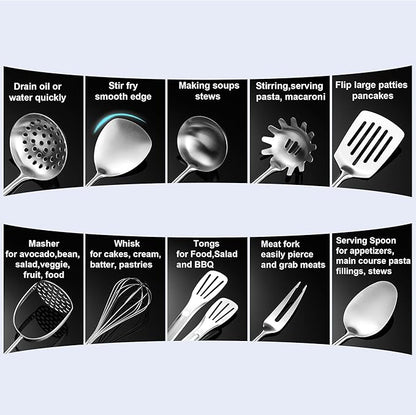 Stainless Steel Kitchen Utensils 12 Pcs, Small Cooking Utensils Set,Spatulas,Ladle,Skimmer,Tunners,Serving Spoon,Spaghetti Spoon,Fork,Potato Masher,Egg Whisk,Tongs,Dishwasher Safe