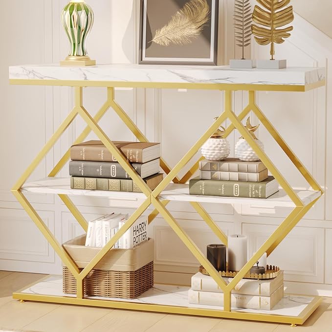Garvee 3-Tier Entryway Table, Industrial Console Sofa Table with Storage, Accent Table with Open Shelves, Diamond-Shaped Gold Metal Frame, Foyer Table for Entryway, Hallway, Foyer, Living Room, White