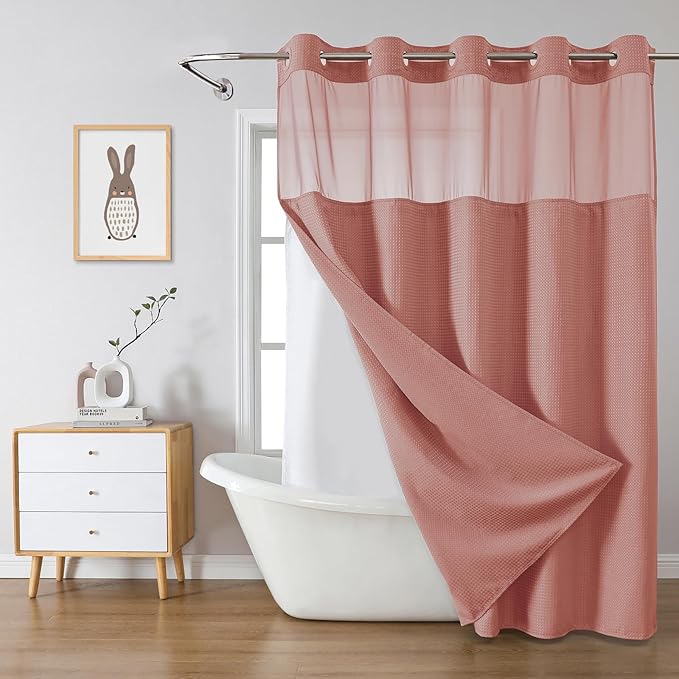 Coral No Hook Waffle Weave Shower Curtain with snap-in Liner Replacement, 230GSM Waterproof Fabric Hotel Shower Curtain Set for Bathroom, Through Mesh Top Window,71Wx80H