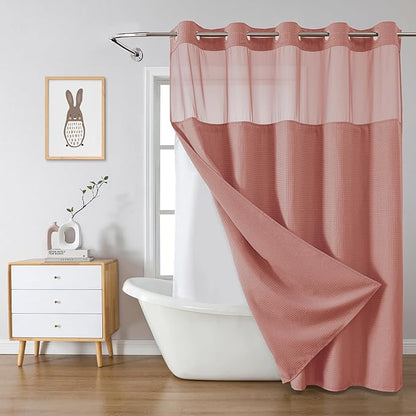 Coral No Hook Waffle Weave Shower Curtain with snap-in Liner Replacement, 230GSM Waterproof Fabric Hotel Shower Curtain Set for Bathroom, Through Mesh Top Window,71Wx80H