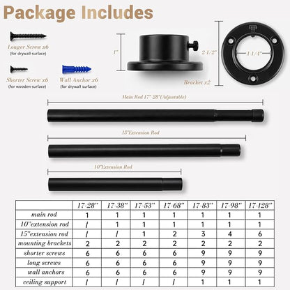 Closet Rod Adjustable 17 to 68 Inch, 1-1/4” Diameter, Closet Rods for Hanging Clothes, Stepless Metal Heavy Duty Hanging Rod for Closet Wardrobes Laundry RV (Black)