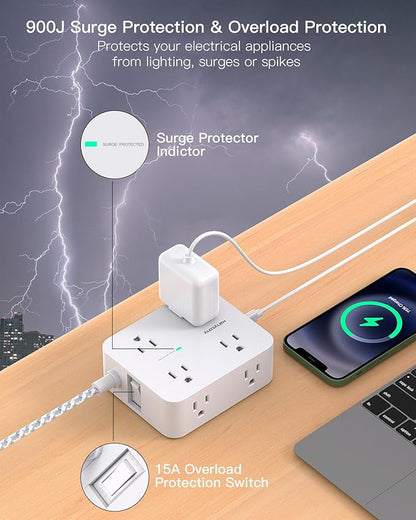 Extension Cord 20 Ft, HANYCONY Power Strip Surge Protector with 8 Outlets 4 USB Ports(2 USB C), Long Cord, Flat Plug, Wall Mount, Desk USB Charging Station for Home Office Essentials