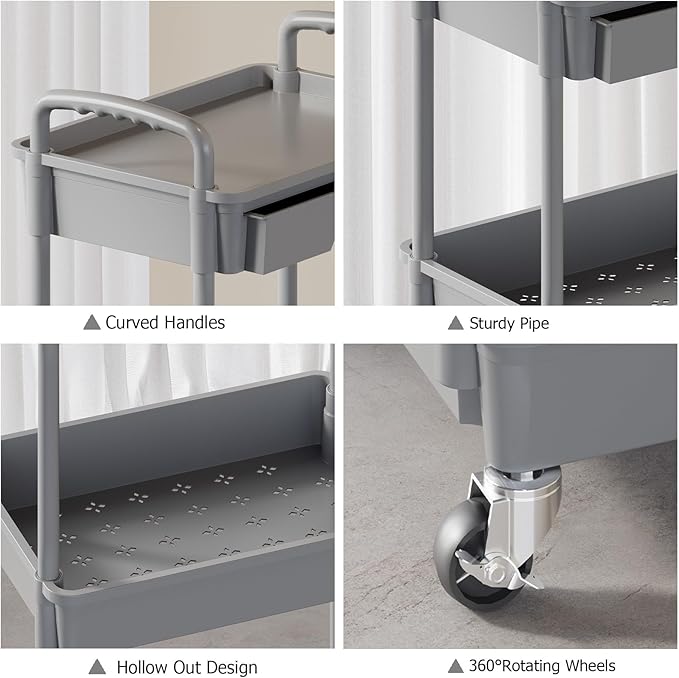 LLMRR 3 Tier Rolling Utility Cart with Drawer, Plastic Storage Organizer Rolling Carts with Wheels Handles Hanging Cups Hooks for Office, Bathroom, Kitchen,Craft Art Room (Grey)