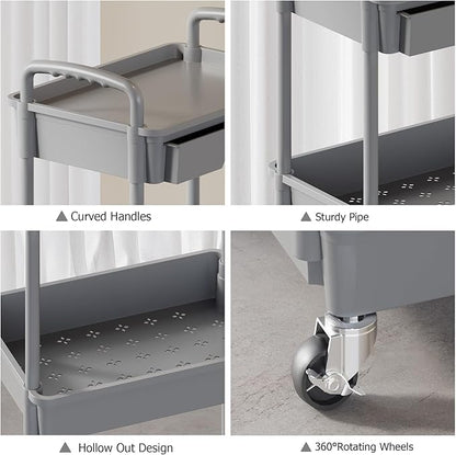 LLMRR 3 Tier Rolling Utility Cart with Drawer, Plastic Storage Organizer Rolling Carts with Wheels Handles Hanging Cups Hooks for Office, Bathroom, Kitchen,Craft Art Room (Grey)