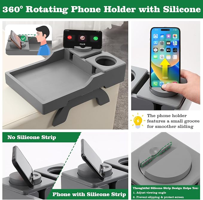 GHKINMAL Couch Cup Holder, 4-in-1 Side Couch Arm Tray with Phone Holder, Sofa Clip on Side Table for Wide Couches Arm, Suitable for Home Drinks/Remote/Snacks-Grey