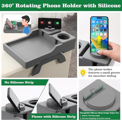 GHKINMAL Couch Cup Holder, 4-in-1 Side Couch Arm Tray with Phone Holder, Sofa Clip on Side Table for Wide Couches Arm, Suitable for Home Drinks/Remote/Snacks-Grey