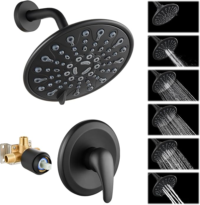gotonovo Shower Faucet Set Bathroom Shower Head and Handle Set Complete 6 Settings 6 inch Rainfall Shower Head Kit High Pressure Shower System Combo Shower Trim Kit with Valve Matte Black