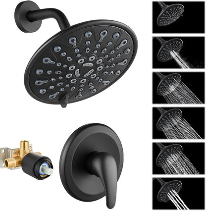 gotonovo Shower Faucet Set Bathroom Shower Head and Handle Set Complete 6 Settings 6 inch Rainfall Shower Head Kit High Pressure Shower System Combo Shower Trim Kit with Valve Matte Black