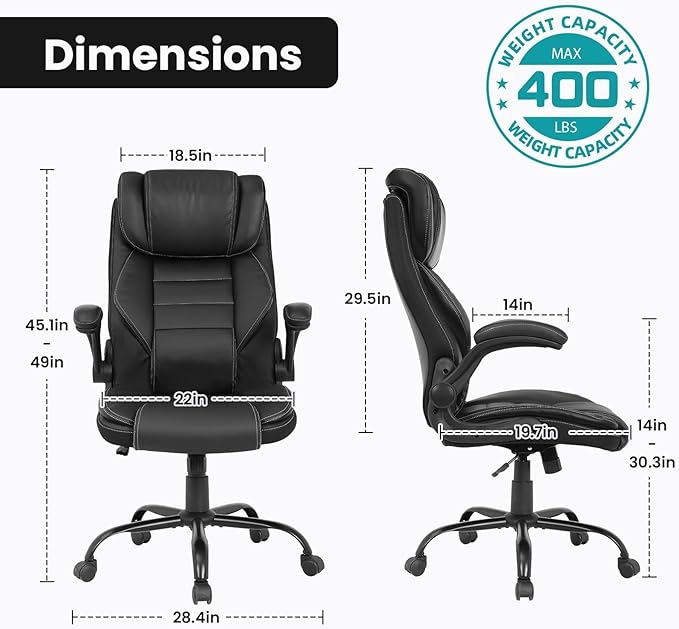Big and Tall Executive Office Chair 400lbs for Heavy People, Ergonomic Computer Desk Chair with Lumbar Support & Adjustable Headrest, Comfy High Back Leather Office Chairs for Back Pain Relief, Black