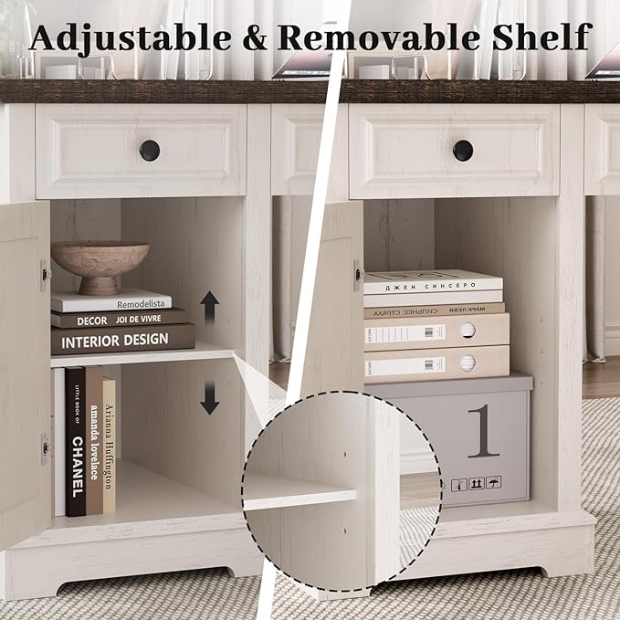 Vipbear 59" Executive Desk, Farmhouse Computer Desk with Drawers, Lockable File Drawer, Storage Cabinet & Power Outlet, Rustic Home Office Desks, Workspace for Work Study Writing, White