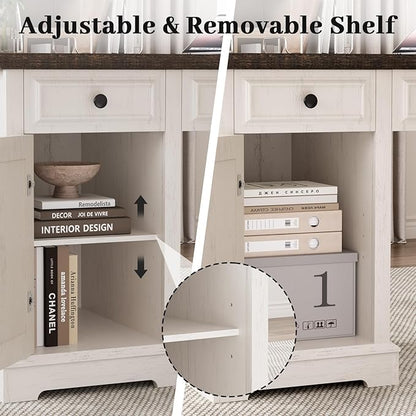 Vipbear 59" Executive Desk, Farmhouse Computer Desk with Drawers, Lockable File Drawer, Storage Cabinet & Power Outlet, Rustic Home Office Desks, Workspace for Work Study Writing, White
