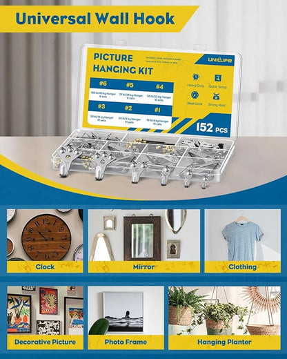 Uniclife 152 Pcs Picture Hanging Kit, 10 lb, 20 lb, 30 lb, 50 lb, 75 lb, 100 lb Heavy Duty Picture Hangers for Drywall & Wood, Picture Hanging Hooks, Frame Hooks, Silver