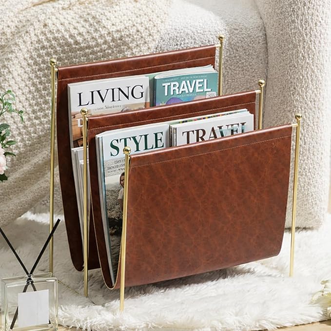 Domensi 2 Tier Leather Magazine Rack, 16 x 14 Inch Floor Standing Magazine Holder, Metal Wire Newspaper Organizer for Home Office, Living Room, Decorative Book Storage Rack for Books, Newspapers
