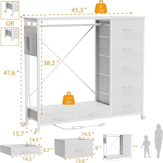 Dresser with Hanging Rack, Dresser for Bedroom with Led Lights and Charging Station, 7 Drawers Storage Chest with Hooks and Clothes Rack, Nursery White