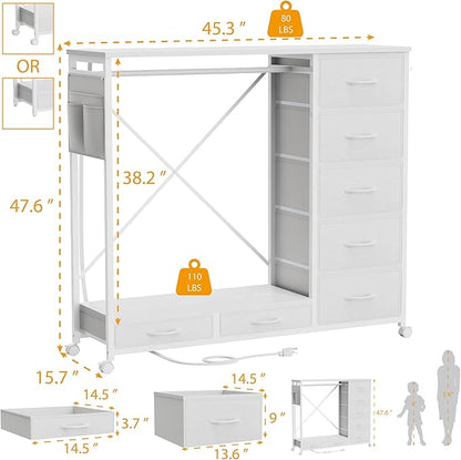 Dresser with Hanging Rack, Dresser for Bedroom with Led Lights and Charging Station, 7 Drawers Storage Chest with Hooks and Clothes Rack, Nursery White