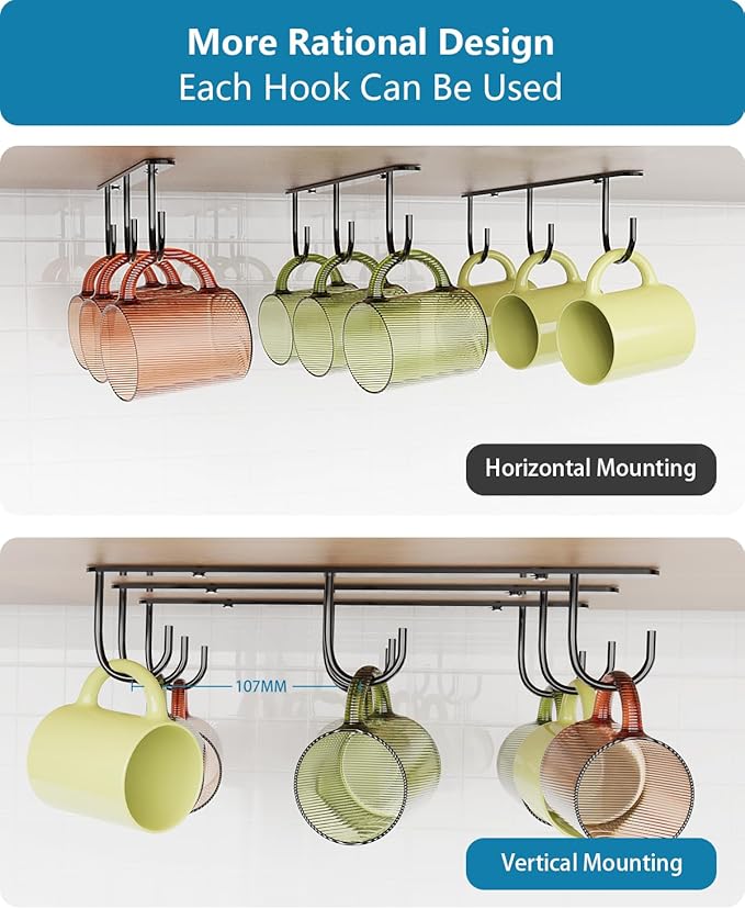 Luckinow 3 Pack Mug Hooks Under Cabinet, Coffee Mug Holder for Hanging Under Shelf, Cup Hanger with 9 Hooks for Displaying Mugs, Coffee Cups and Kitchen Utensils, Black