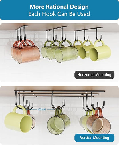 Luckinow 3 Pack Mug Hooks Under Cabinet, Coffee Mug Holder for Hanging Under Shelf, Cup Hanger with 9 Hooks for Displaying Mugs, Coffee Cups and Kitchen Utensils, Black