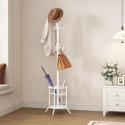 ELYKEN Coat Rack Freestanding, Metal Coat Rack Stand with Umbrella Holder, Modern Coat Tree with 12 Hooks, Floor Standing Corner Hall Tree for Entryway Living Room Bedroom Office, White